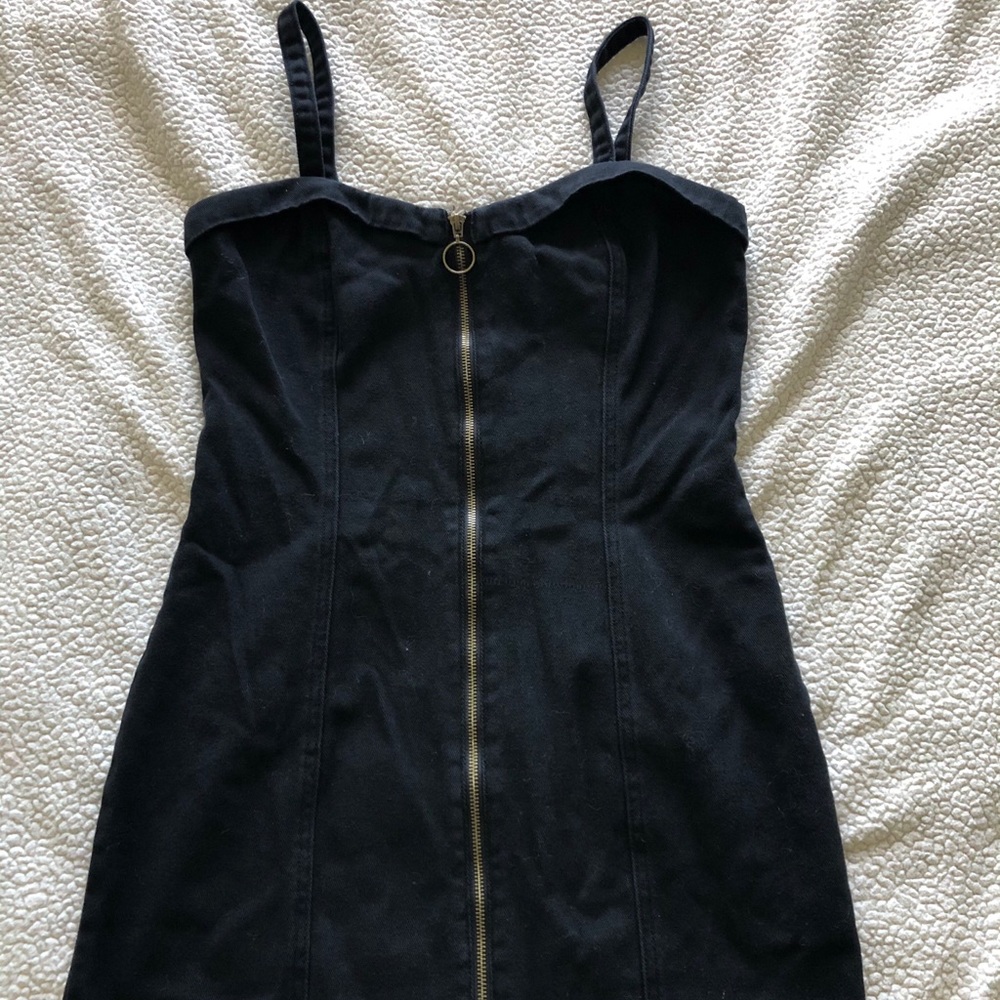 Black denim, front zip mini dress